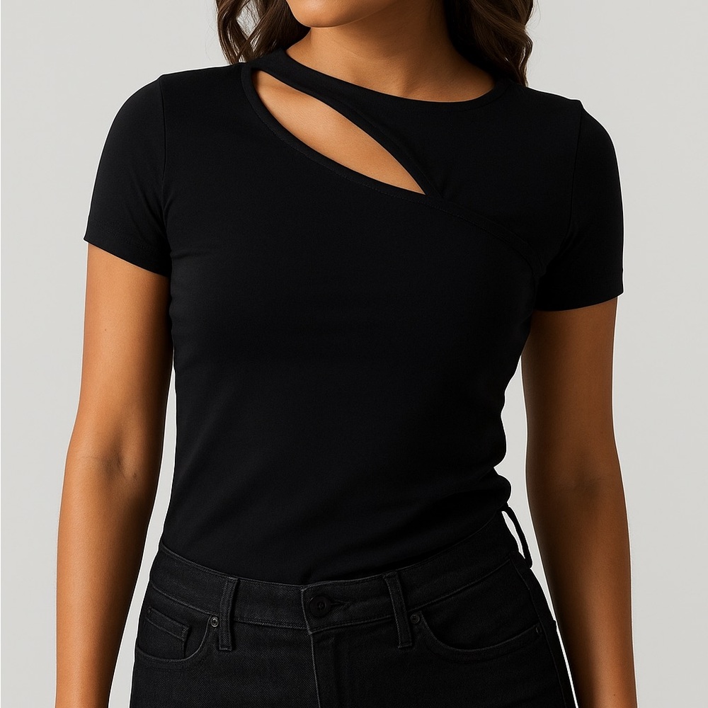 Saint + Sofia Reveal Tee Black Cut-Out Ribbed Fitted Top SOLD OUT COLOR